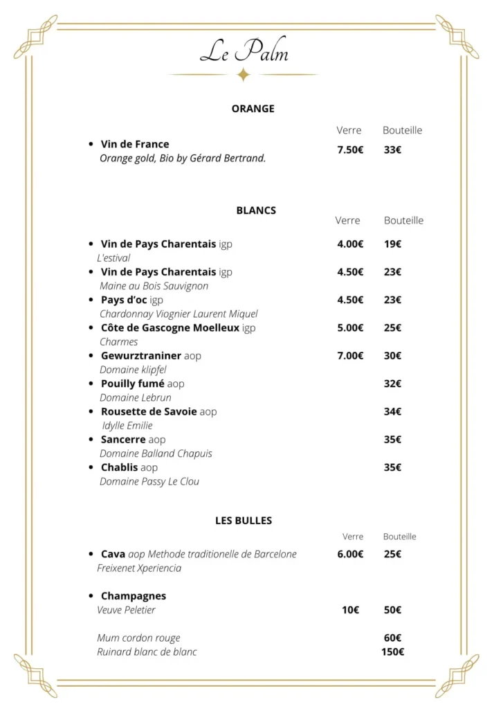 Carte des vins restaurant Le Palm à Chatelaillon-Plage