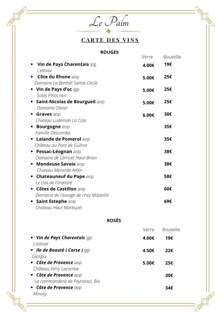 Carte des vins - Restaurant à Chatelaillon-Plage