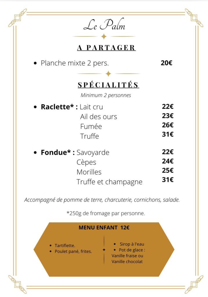 Menu de spécialités savoyardes au restaurant Le Palm à Châtelaillon-Plage, avec vue sur l'océan.