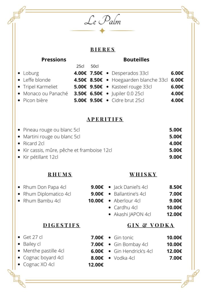 Carte du restaurant à Chatelaillon-Plage
