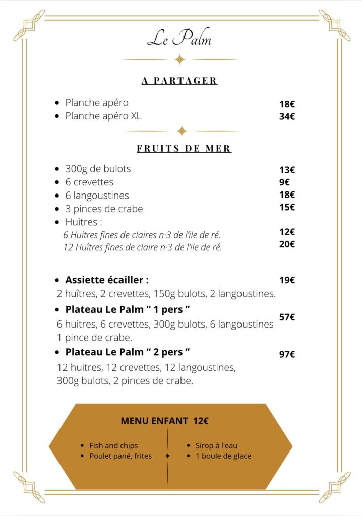 Carte _ Le Palm _ Restaurant au bord de l'océan