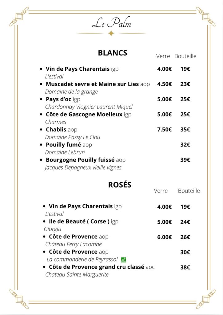 Carte des vins blancs et rosés Restaurant à Chatelaillon-Plage